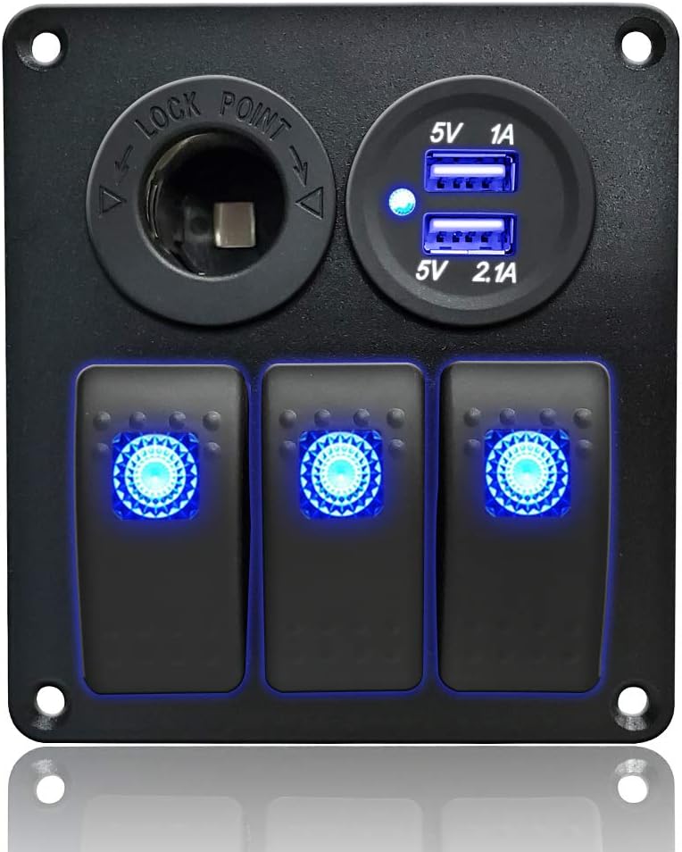 IZTOSS 3 Gang Rocker Switch Panel with Power Socket 3.1A Dual USB Wiring Kits and Decal Sticker Labels DC12V/24V for Marine Boat Car Rv Vehicles Truck Blue Led: Industrial & Scientific