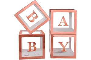 PABUES Baby Boxes with 4 PCS Letters for Baby Shower Rose Gold Clear Balloon Box Blocks Gender Reveal Decorations and Birthday Party (Rose Gold)