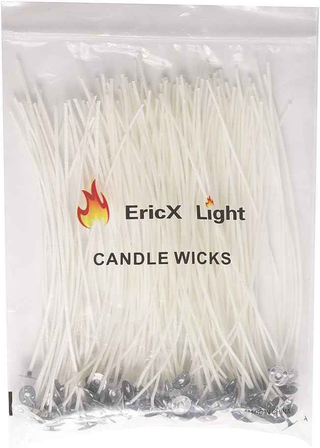 EricX Light 100 Piece Natural Candle Wick, Low Smoke 8" Pre-Waxed & 100% Natural Cotton Core,for Candle Making,Candle DIY