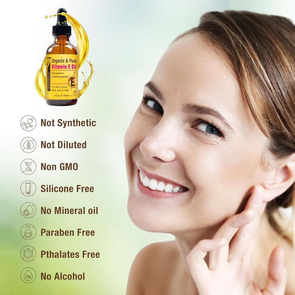 Seven Minerals Ultra Pure Vitamin E Oil - Full-Spectrum D-Alpha Tocopherol, 1 Fl Oz - 100% Organic Vitamin E Oil for Skin, Face, Hair, and Scars - Naturally Occurring = Not Synthetic