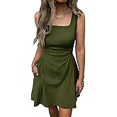 Mieazom Women's Summer Square Neck Sleeveless Mini Dress Ruched Waist Corset Slim-Fit Dresses with Pockets