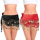 2 Pieces Belly Dance Hip Scarf, Belly Dancing Skirt with 128 Gold Coins, Belly Dancer Belt Scarf Skirt