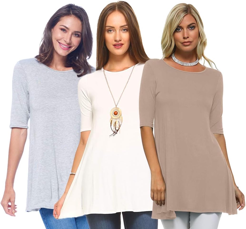 Women's Tunic Top – 3 Pack Casual 3/4 Sleeve Scoop Neck Long Flowy Swing Basic Blouses T Shirts Made in USA