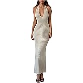 GORGLITTER Women's Crochet Dress Halter Backless Bodycon Deep V Neck Long Knit Maxi Dresses Summer Beach Outfits 2026