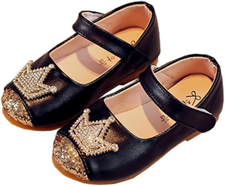 LINKEY Toddler Girls Princess Dress Shoes Shiny Crown Flat Shoes Casual Mary Jane