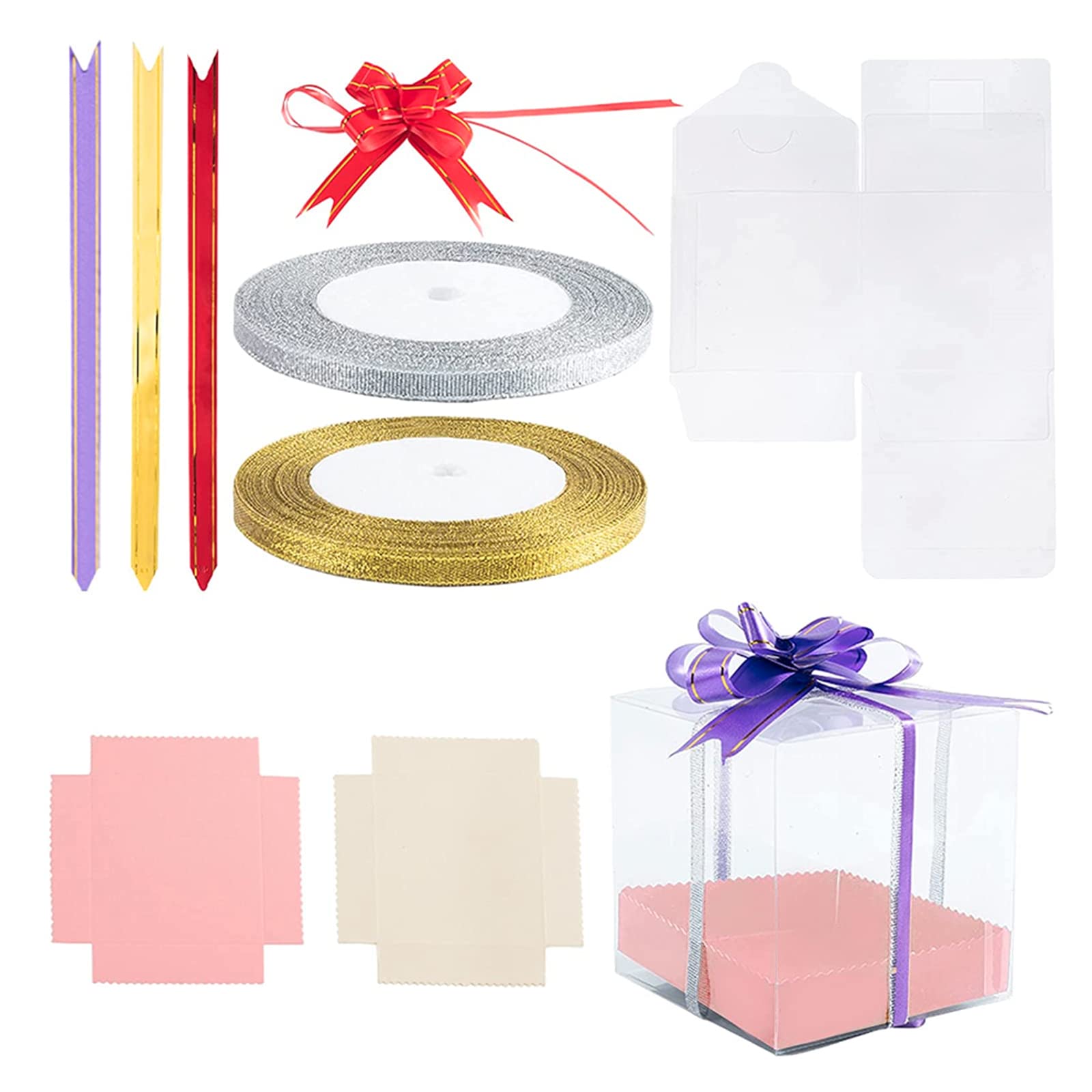 NBEADS Clear Cube Candy Box, 20 Sets PVC Transparent Gift Box with Glitter Ribbon Elastic Bows and Bottom Holder for Chocolate Cake Party Wedding Favor