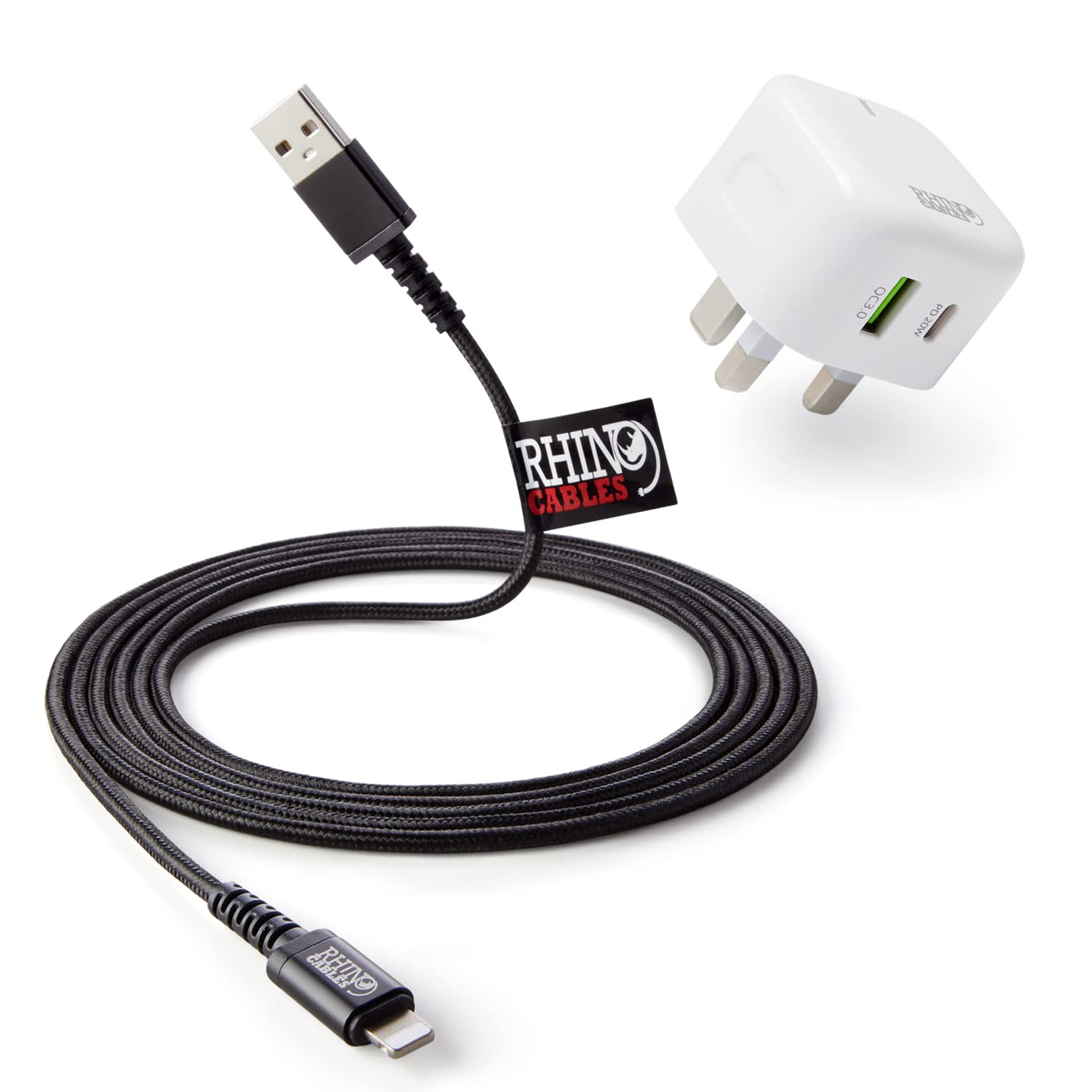 rhinocables MFi Certified Lightning Cable with USB A/USB C Dual Port Fast Mains Charging Plug - Cable and Mains Charger for All Lightning-Compatible Devices, 1m (More Lengths Available)