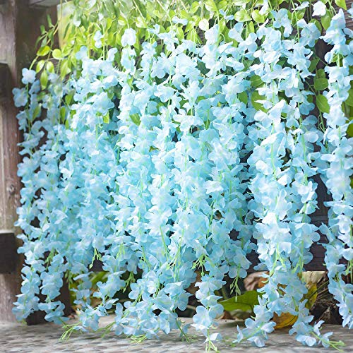 12pcs Artificial Wisteria Flowers 3.6 Feet/Piece Blue Dense Artificial Fake Wisteria Vine Ratta Hanging Garland Silk Flowers String Home Party Wedding Decor（Blue-Dense）