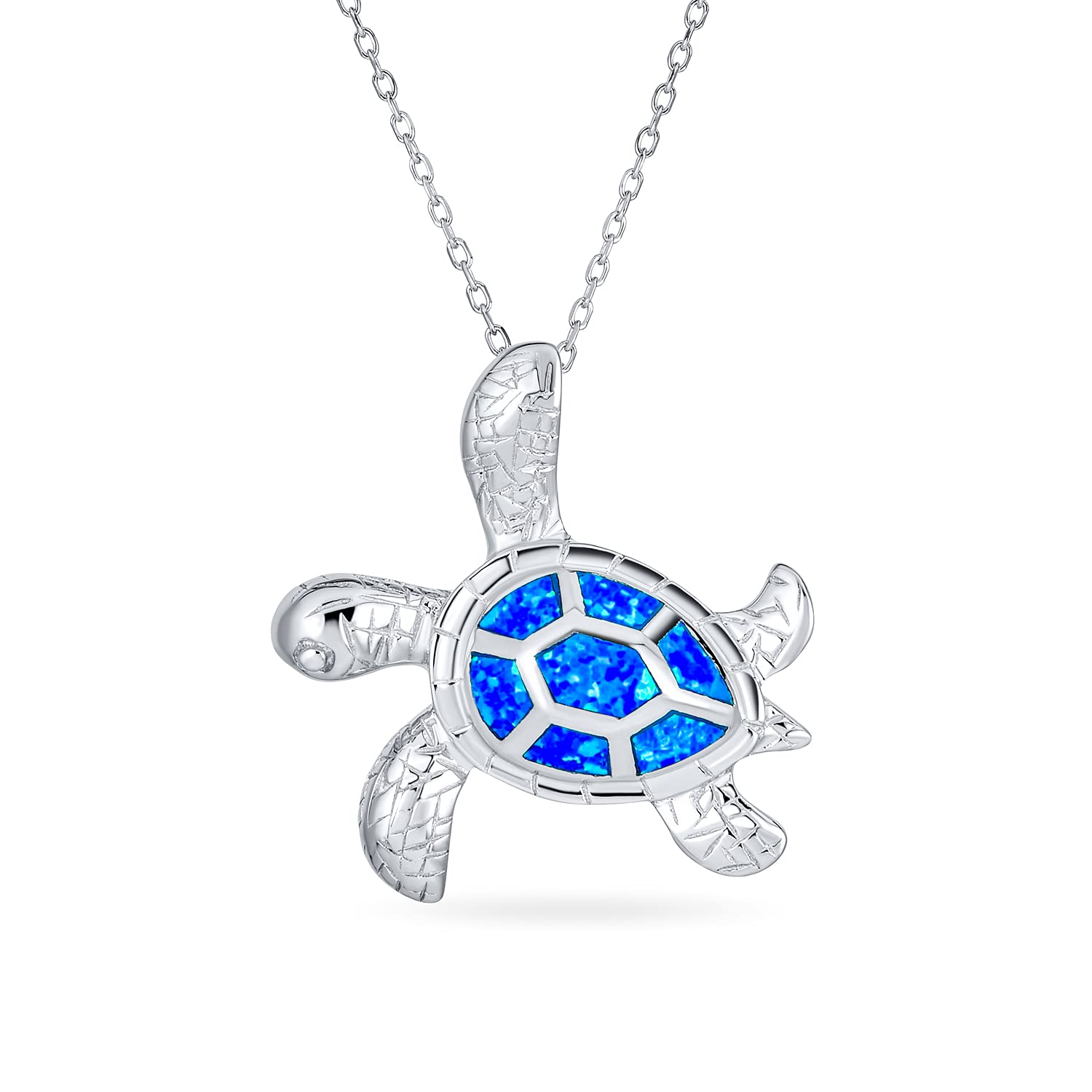 Bling Jewelry Large Nautical Tropical Beach Vacation Iridescent Blue Created Opal Inlay Sea Tortoise Turtle Pendant Necklace For Women Teen .925 Sterling Silver — image 1