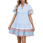 EZAPINE Women Striped Mini Dress V Neck A Line Flowy Fringe Hem Puff Sleeve Cute Tiered Babydoll Dress
