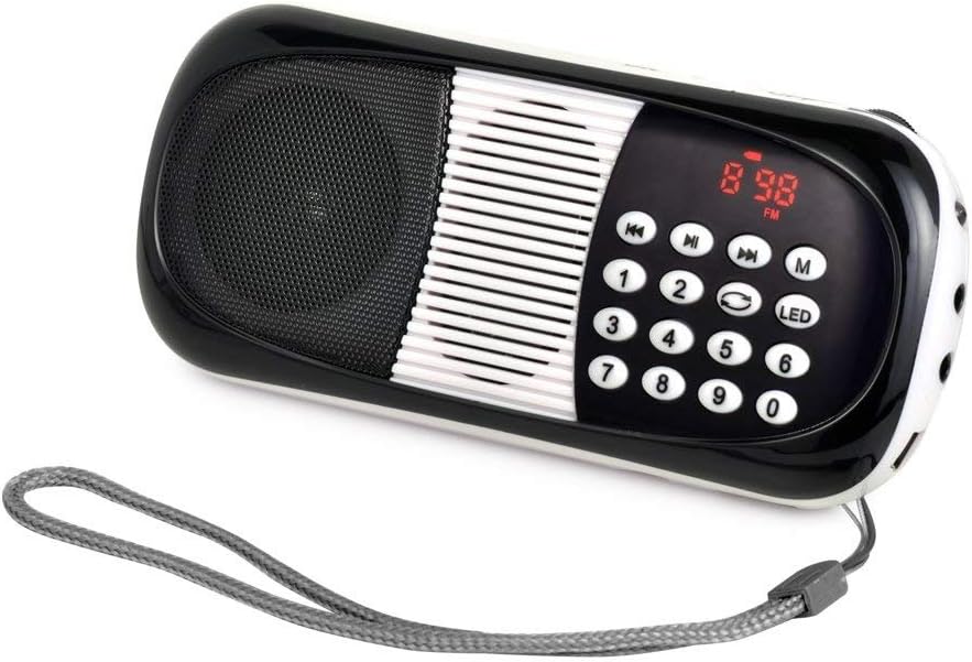 eJiasu Mini Digital USB FM Portable Audio Radio Support MP3 Music Player TF Card/USB Port with LED Screen Display/Flashlight/Radio Antenna/Pendant Groove for PC iPod iPhone