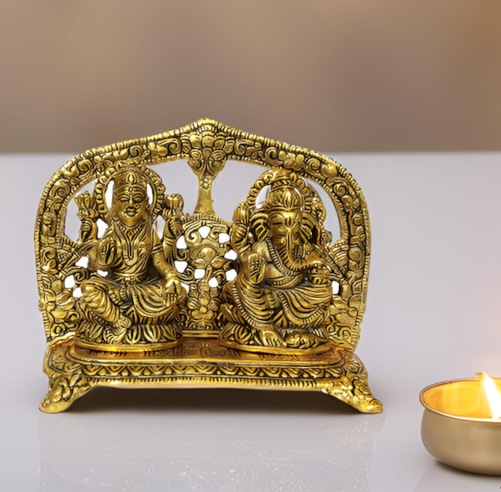 Purpledip Metal Statue Ganesha-Lakshmi: Exquisite Idol in Golden Finish for Home Temple (11545)