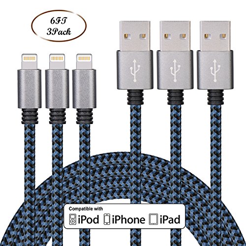 Everdigi iPhone Charger 3Pack 6ft, Nylon Braided 8 Pin Lightning to USB Cable, Compatible with iphone 7/7 Plus/6s/6s Plus/6/6 Plus/5/5S/5C/SE/iPad and iPod(Black+Blue)