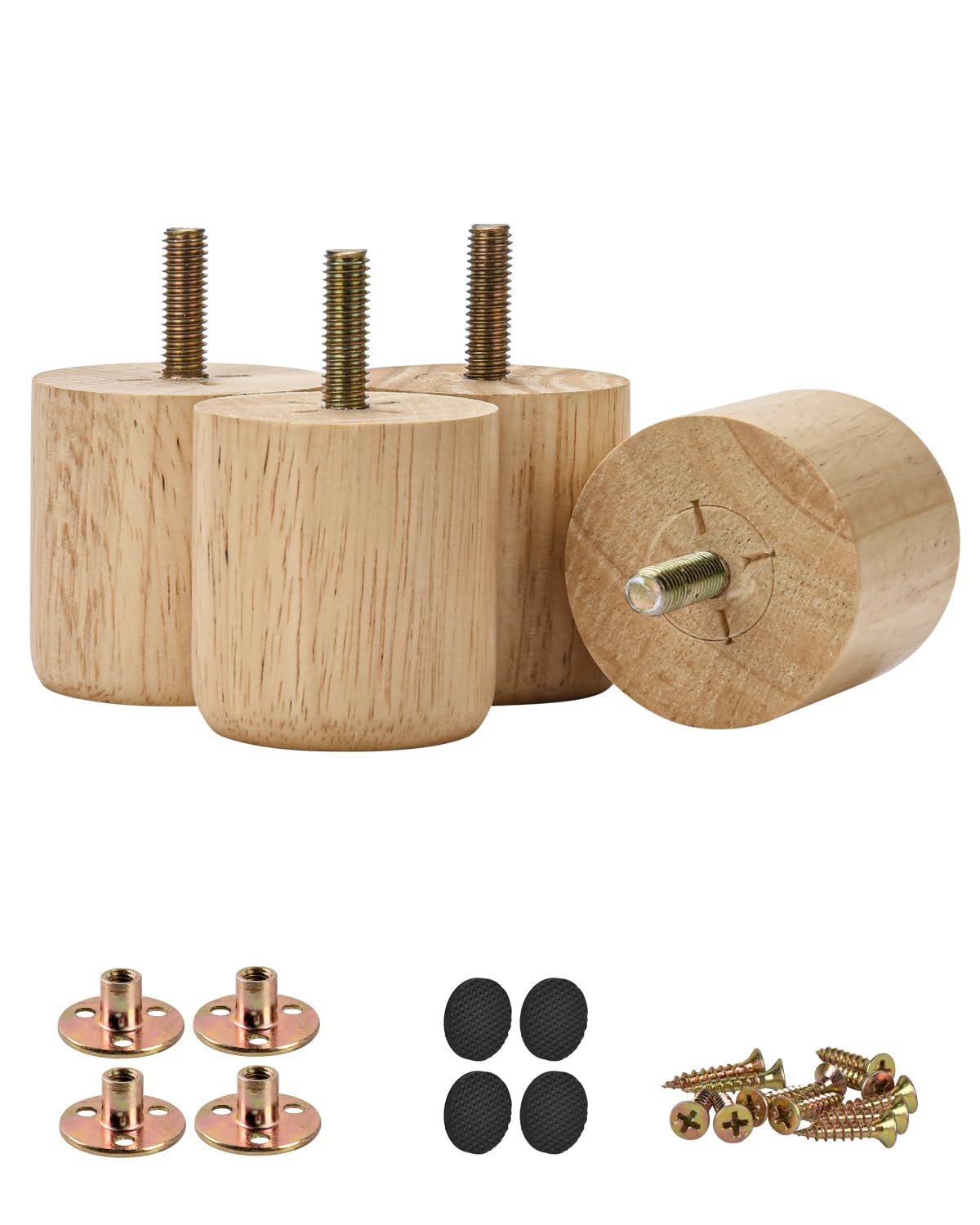 Btowin 2 inch /5cm Solid Wood Furniture Legs, 4Pcs Modern Round Wooden Bun Feet Sofa Legs with Threaded M8 Hanger Bolts & Mounting Plate & Screws for Sofa Couch Cabinet Bed(Varnish)
