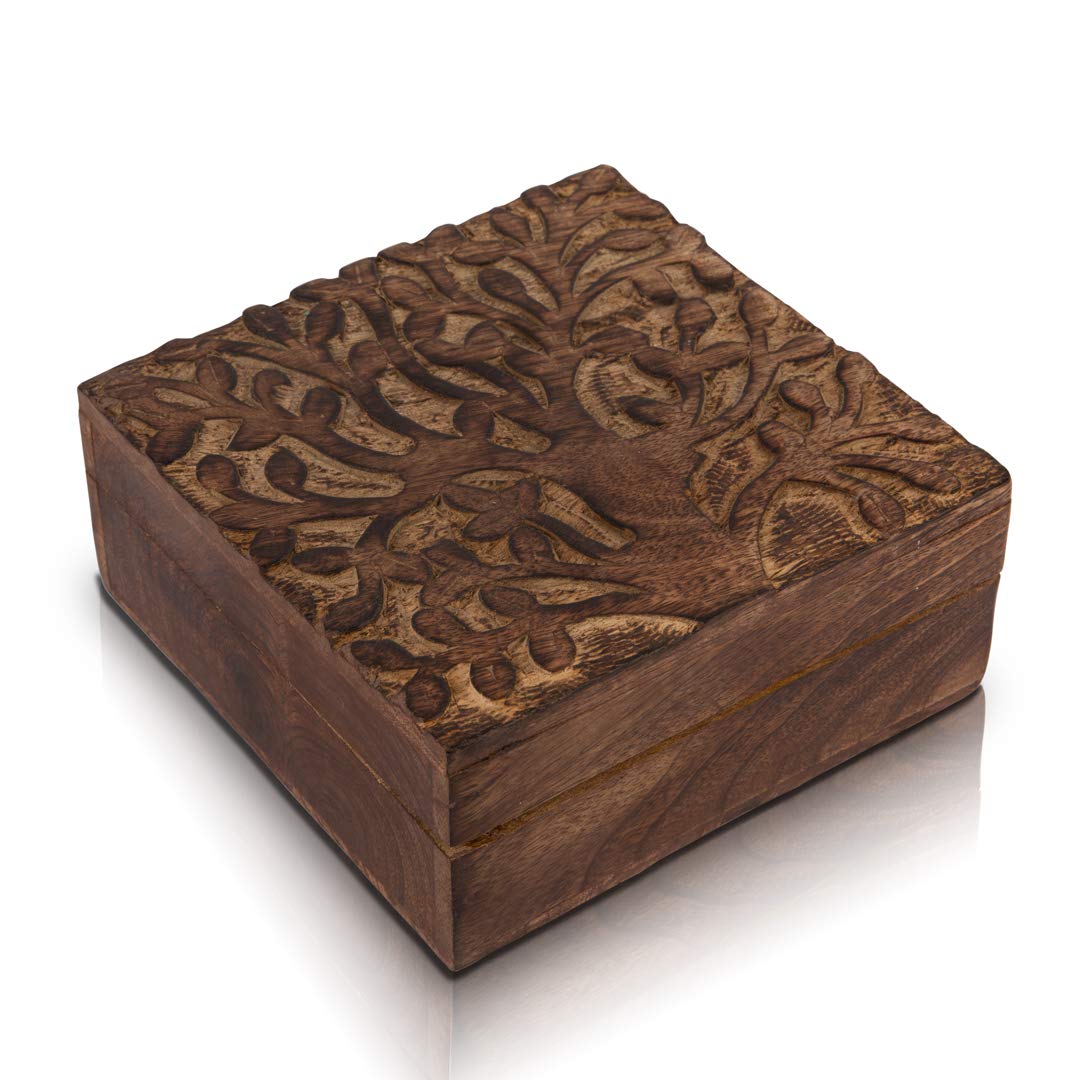 Photo 1 of Great Birthday Gift Handmade Decorative Wooden Jewelry Box Tree Of Life Carving Jewelry Organizer Keepsake Box Treasure Chest Trinket Holder Watch Box Storage Lock Box 6 x 6 Inches Housewarming Gifts