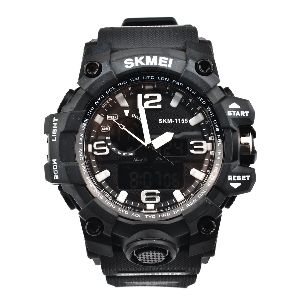 Oumosi - Orologio da polso da uomo, stile militare, con LED, digitale e analogico multifunzione, sportivo Black