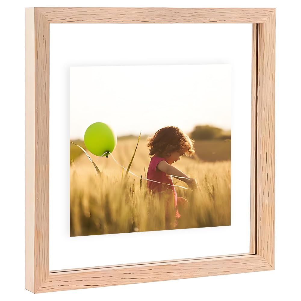 Photo 1 of 10x10 Floating Picture Frames Double Sided Tempered Glass Oak Wood Picture Frame Floating Display for Photos 9x9,8x8,6x6,5x5,4x4,or Full Display for 10"x10" Photos for Christmas,Halloween,Baby Scan,Anniversary,Wedding(Beige)