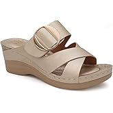 YOKI IRENA Wedge Sandals For Women With Crisscross Strap And Buckle - Summer Sandal With Cushioned Footbed & Womens Sandals Comfortable Dressy (Gold, Size 9)