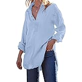 Pretifeel Womens Cotton Linen Tunic Shirts Button Down Long Sleeve Blouse Tops Beach Cover Up