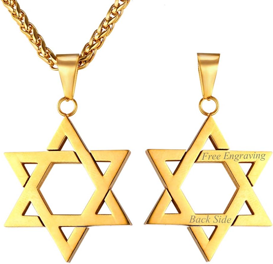 U7 Men Women Star of David Necklace, Stainless Steel 18K Real Gold Plated Jewish Israel Jewelry Pendant with Chain, 22-26 Inch, Customizable