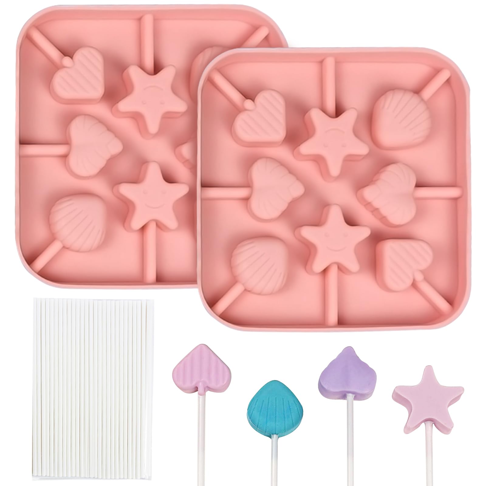 BFJ Silicone Chocolate Lolly Mould 2 pcs Resuable Lollipop Molds 8 Cavity Heart Star Shapes Lollipop Candy Moulds with 25 Sticks for Valentine's Day DIY Chocolate,Candy