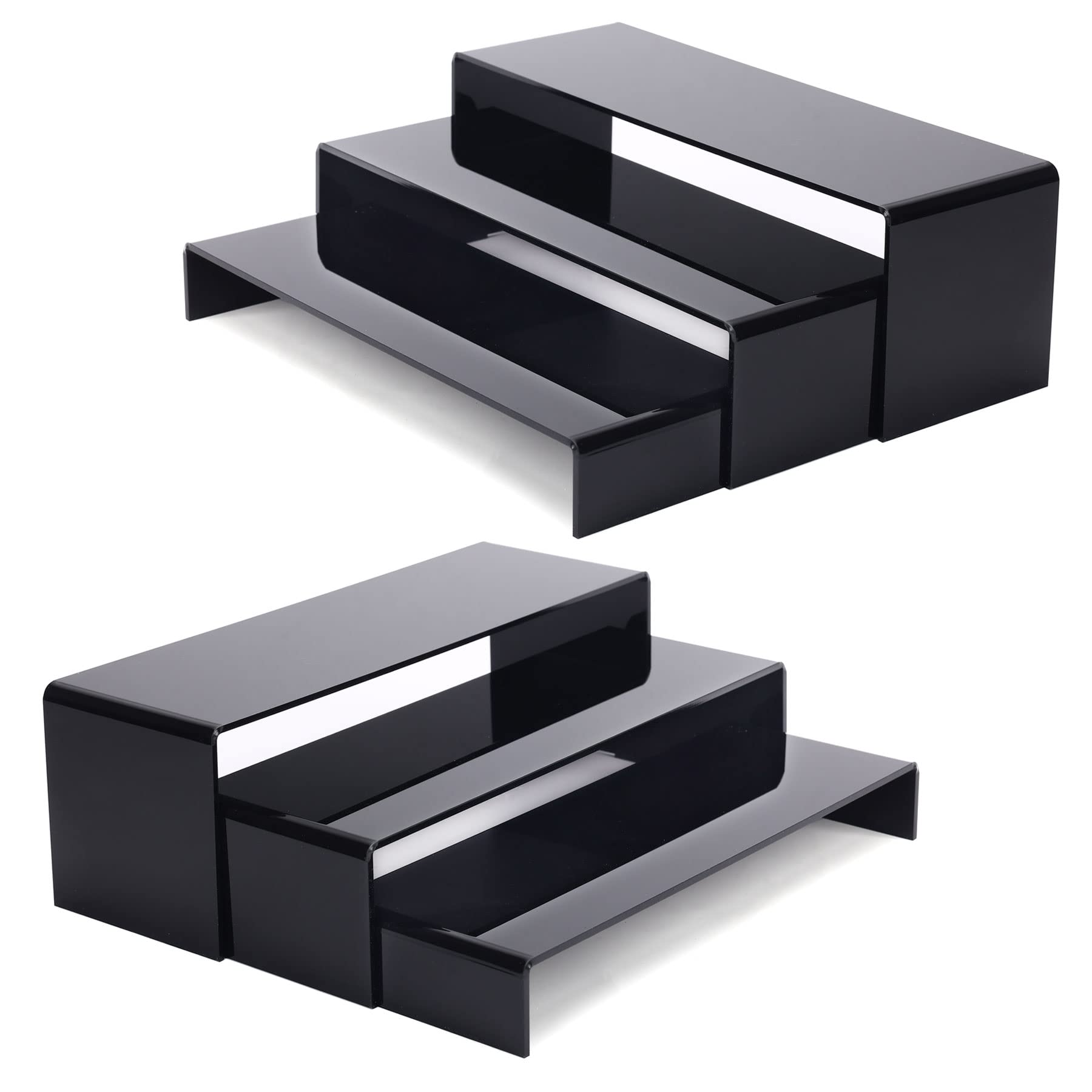 ANDGOO 6Pcs Large Acrylic Risers, 2 Set(11.2”L~11.6”L~12”L) Black Rectangular Showcase Collectibles Display Shelf, Retail Desktop Display Stand for Organize and Decoration