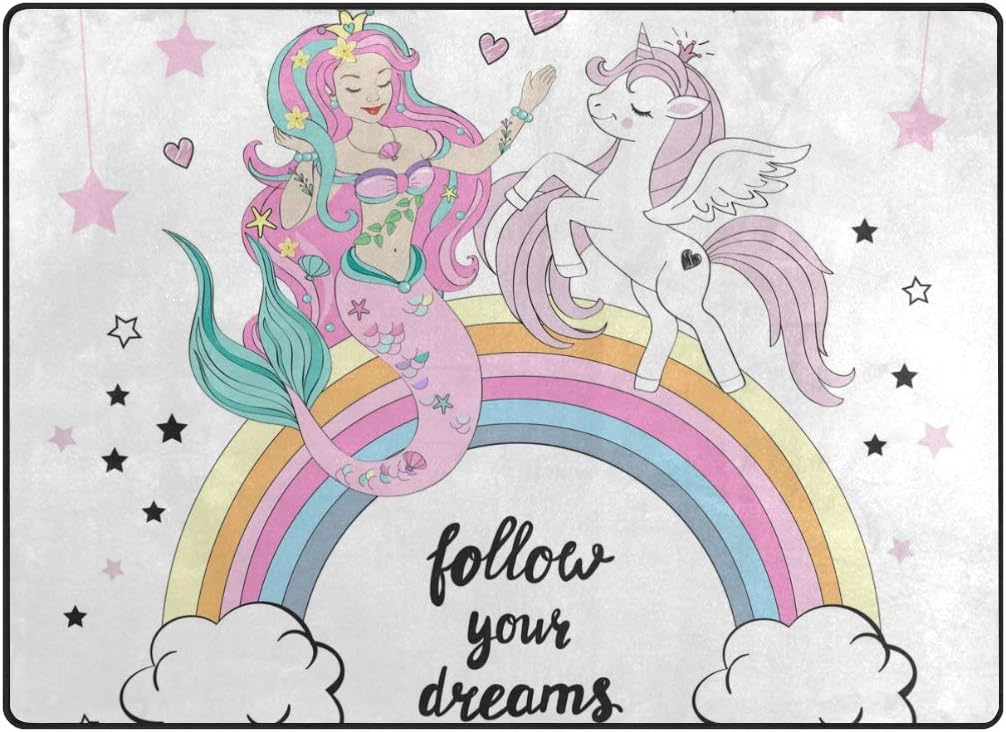 Orediy Soft Rugs Unicorn And Mermaid Lightweight Area Rugs Kids Playing Floor Mat Non Slip Yoga Nursery Rug for Living Room Bedroom