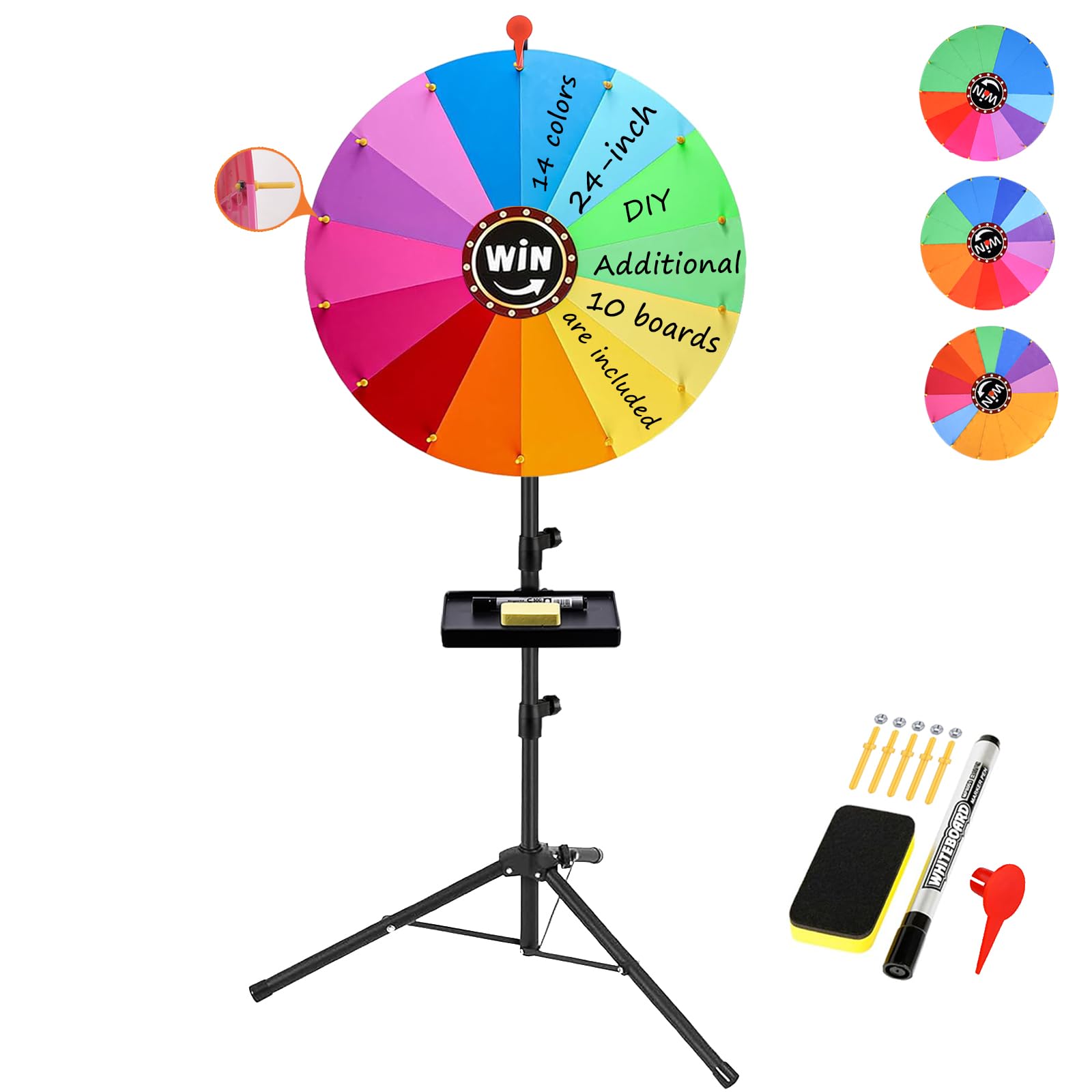 Photo 1 of 24-Inch Spinning Prize Wheel Spinner Game with Stand,Ajustable 34"-65" Height Spinning Wheel for Prizes,Upgraded DIY Roulette Wheel of Fortune,14 Colors,Additional 10 Boards are Included
