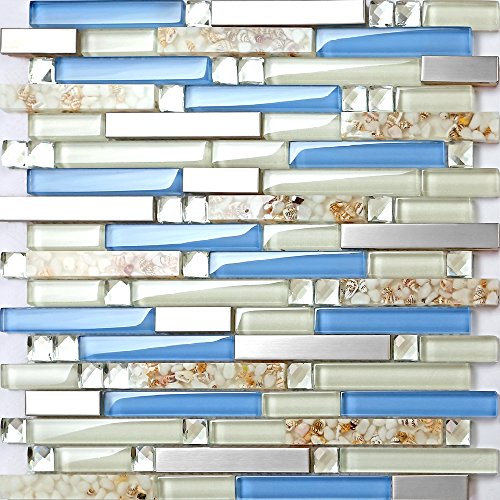 TST Glass Inner Conch Tile Beach Style Blue Cream White Brushed Steel Art Mosaic Kitchen Backsplash Bath Decor TSTNB06 (1 Sample 12x12 Inches) - Thumbnail 2