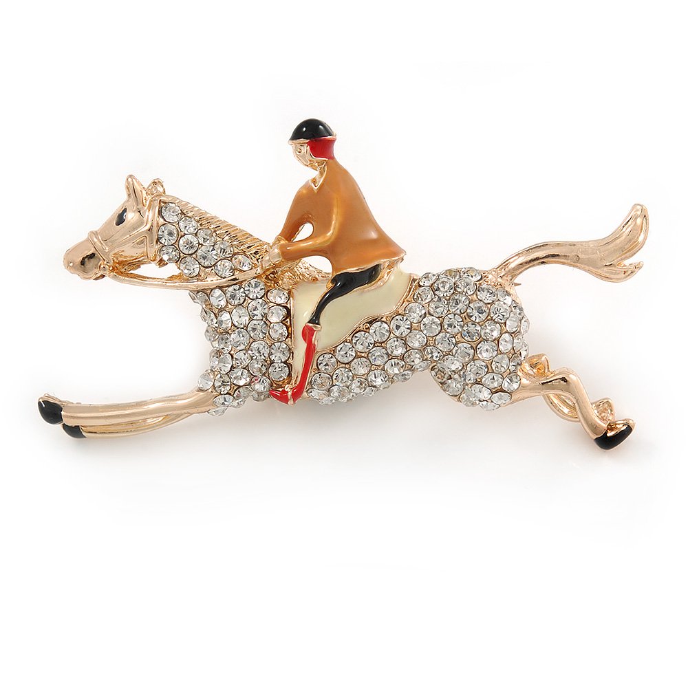 Vintage Inspired Clear Crystal, Enamel Jockey Brooch In Gold Plating - 55mm L