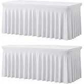 Warmstar 2 Pack White Spandex Table Covers 6 FT, Elastic Fitted Stretch Table Skirts for Rectangle Tables,Wrinkle Resistant Spandex Tablecloth for Banquets, Weddings, Events, Parties,30x72 Inch
