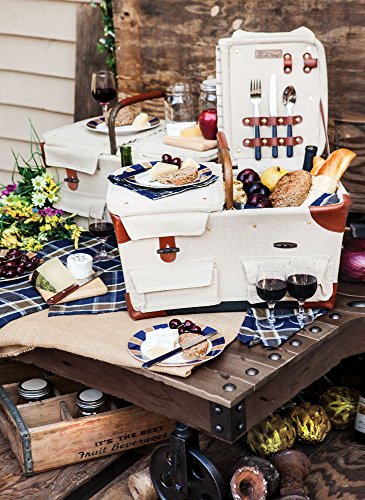 PICNIC TIME Pioneer Deluxe Picnic Basket, Romantic Vintage Wood-Framed Basket Covered in Canvas, Complete Deluxe Service for Two with Water-Resistant Bottom and Two Lids, (Beige Canvas)