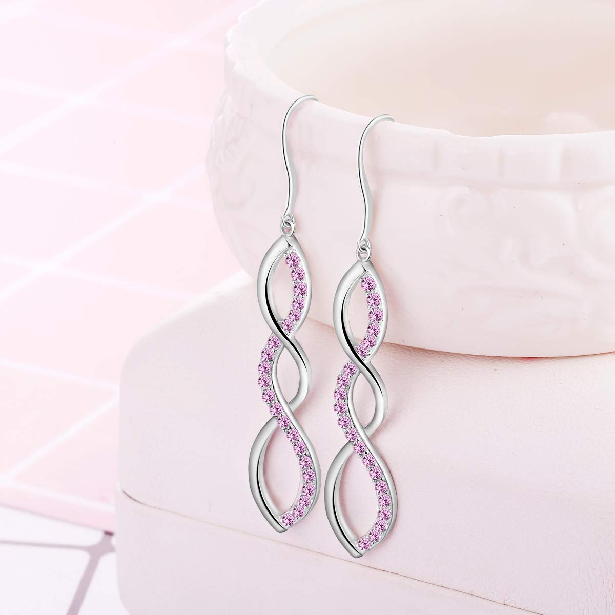 Women\'s 925 Sterling Silver Earrings, Pink Dangle Drop Hook Earring DE0062P