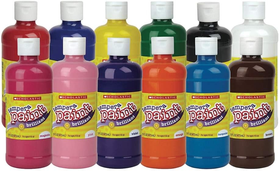 Scholastic Tempera Paint Set, 16 Oz, Assorted Colors, Pack Of 12