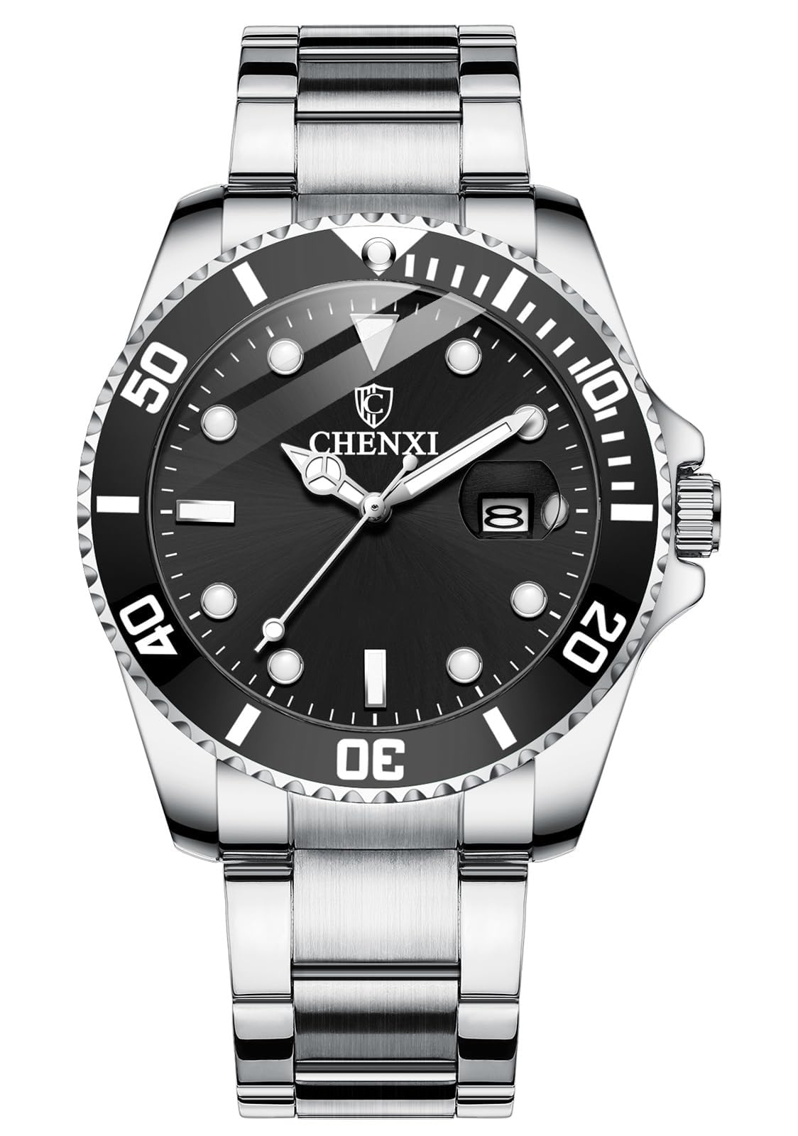 MASTOP Men Silver Stainless Steel Watches Rotatable Bezel Calendar Waterproof Black Dial Luminous Wristwatch (Black), black, German