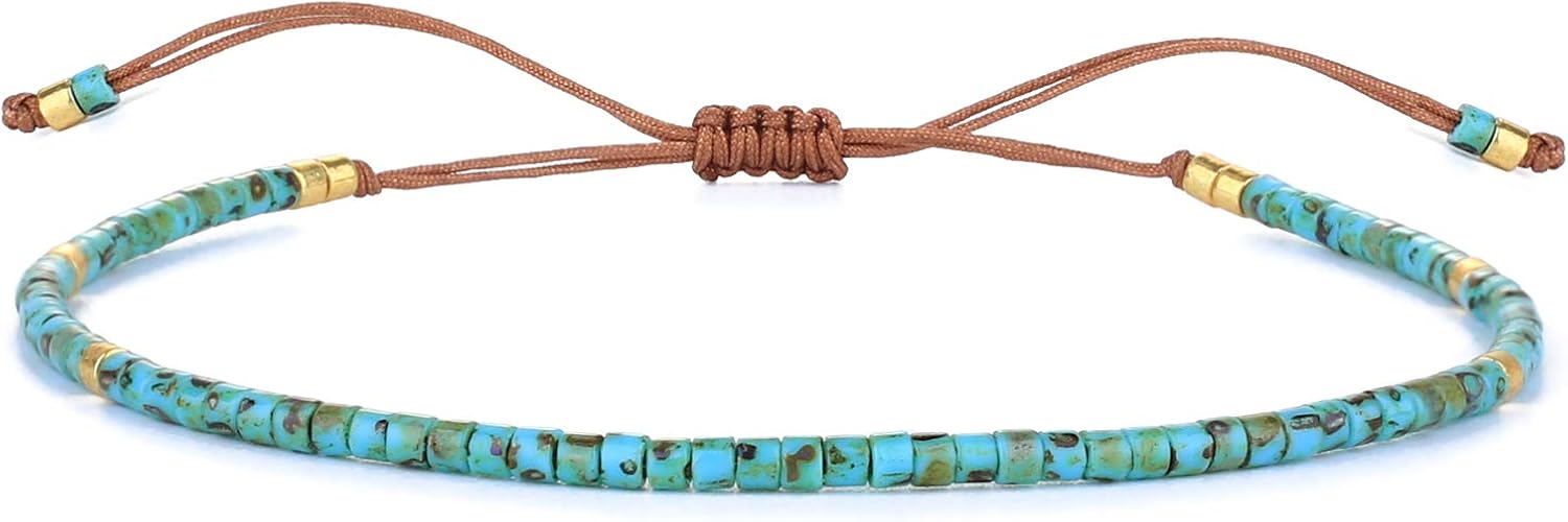 KELITCH Seed Beaded Friendship Bracelets Thin Rope Bracelets Women Handmade Jewelry (Lake Blue), Lake Blue a, 10 inch
