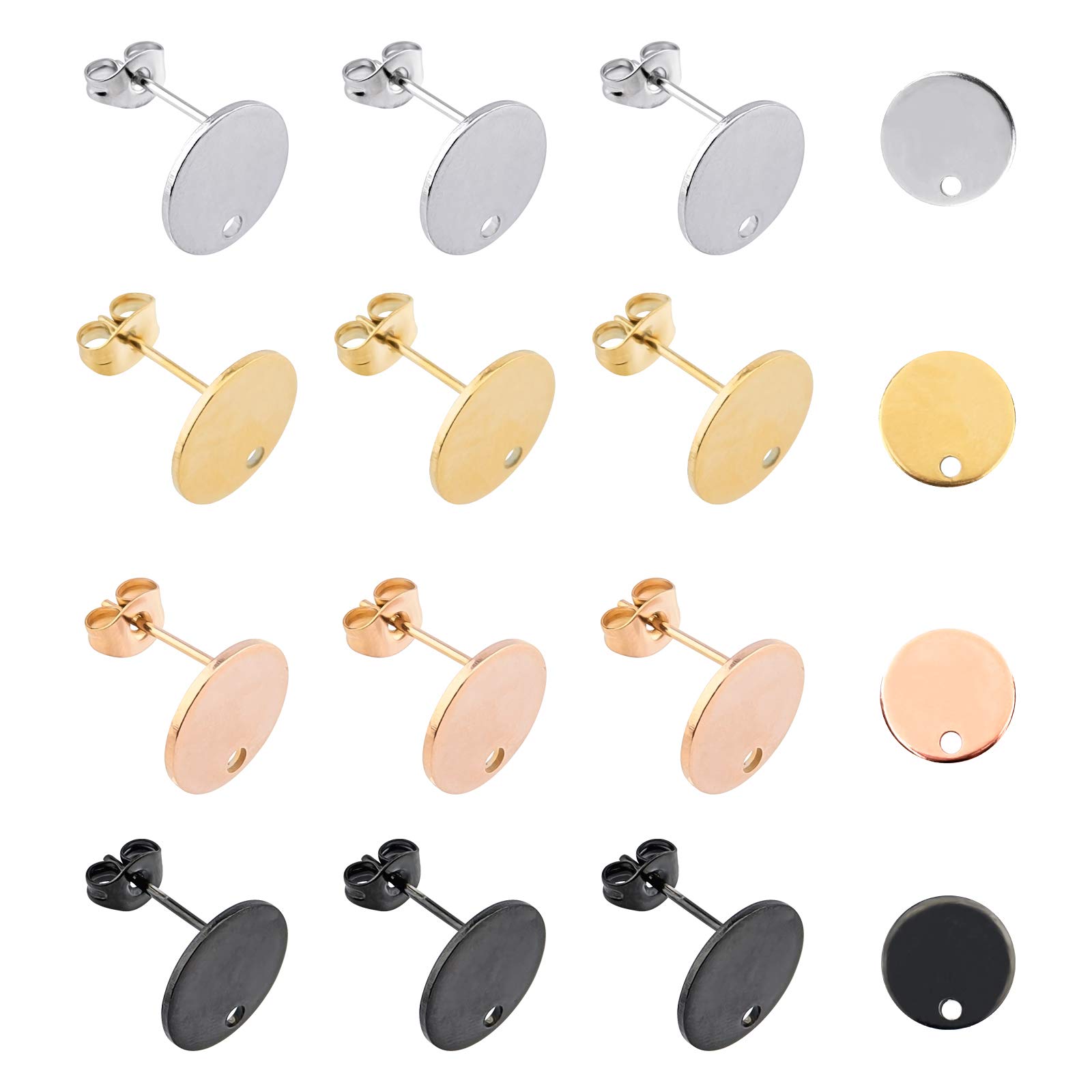 UNICRAFTALE 4 Colors 40pcs 12mm Flat Round Earring Posts Stainless Steel Earring 0.8mm Pin Vacuum Plating Earring Components with Ear Nuts for Earring Findings Making