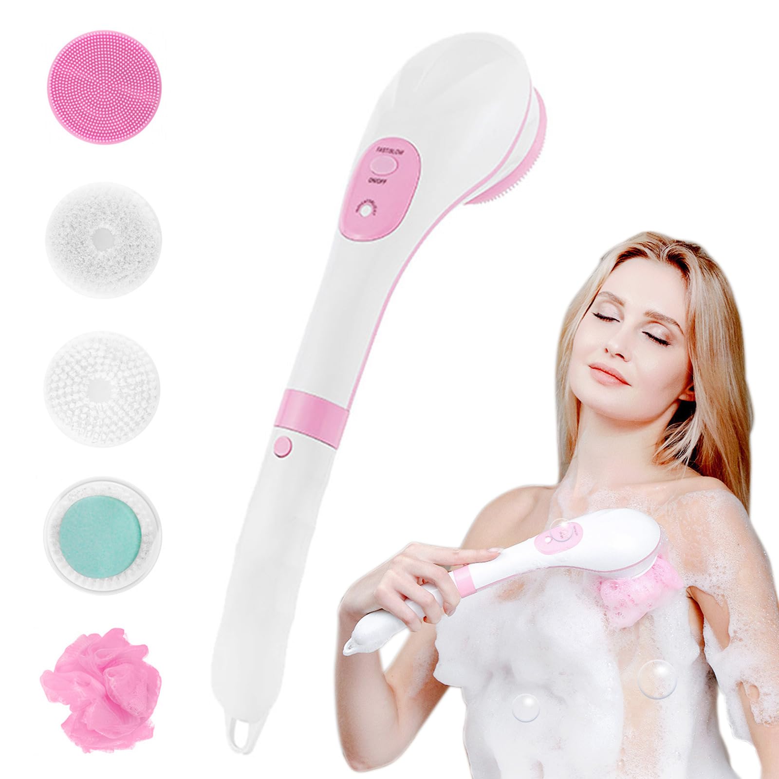 Electric Body Brush, Facial Cleansing Brush, Spin Skin Brush with 5 Brush Heads, USB Rechargeable Waterproof Body Brush with Long Handle for Exfoliate, Deep Cleaning, Relaxing, Massage for All People