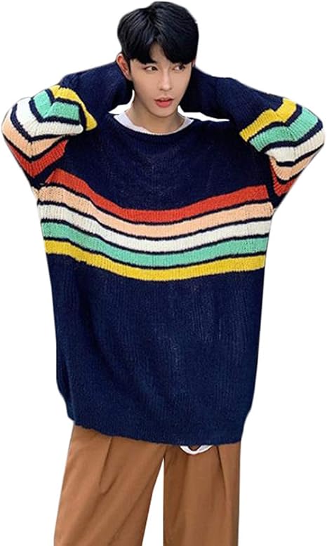 Amazon Zhongjue ジュージェン ニットセーター メンズ ゆったり 長袖 プルオーバー クルーネック ボーダー柄 セーター 暖かい カジュアル トップス おしゃれ オーバーサイズ ニット 秋 冬 セーター 通販