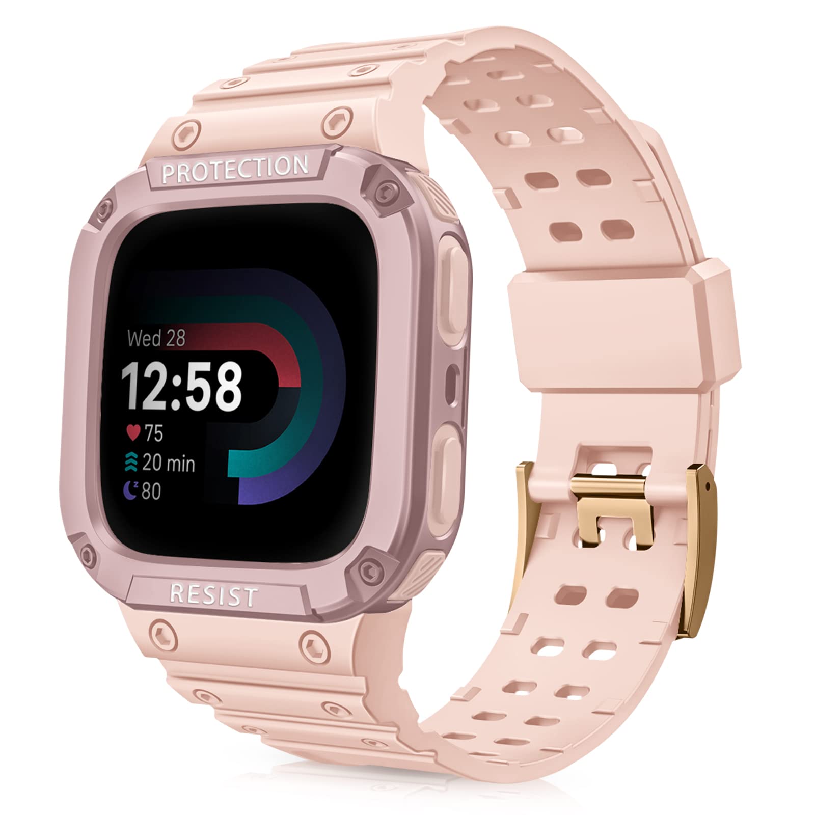 Fintie Bands with Case Compatible with Fitbit Versa 4/3/2/1/Versa Lite/Fitbit Sense 2/Sense, Protective Case Strap Rugged Sport Band Men, Pink Sand