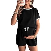 BLENCOT Women's Maternity Lounge Set Short Sleeve Top and Shorts Pajamas with Pockets