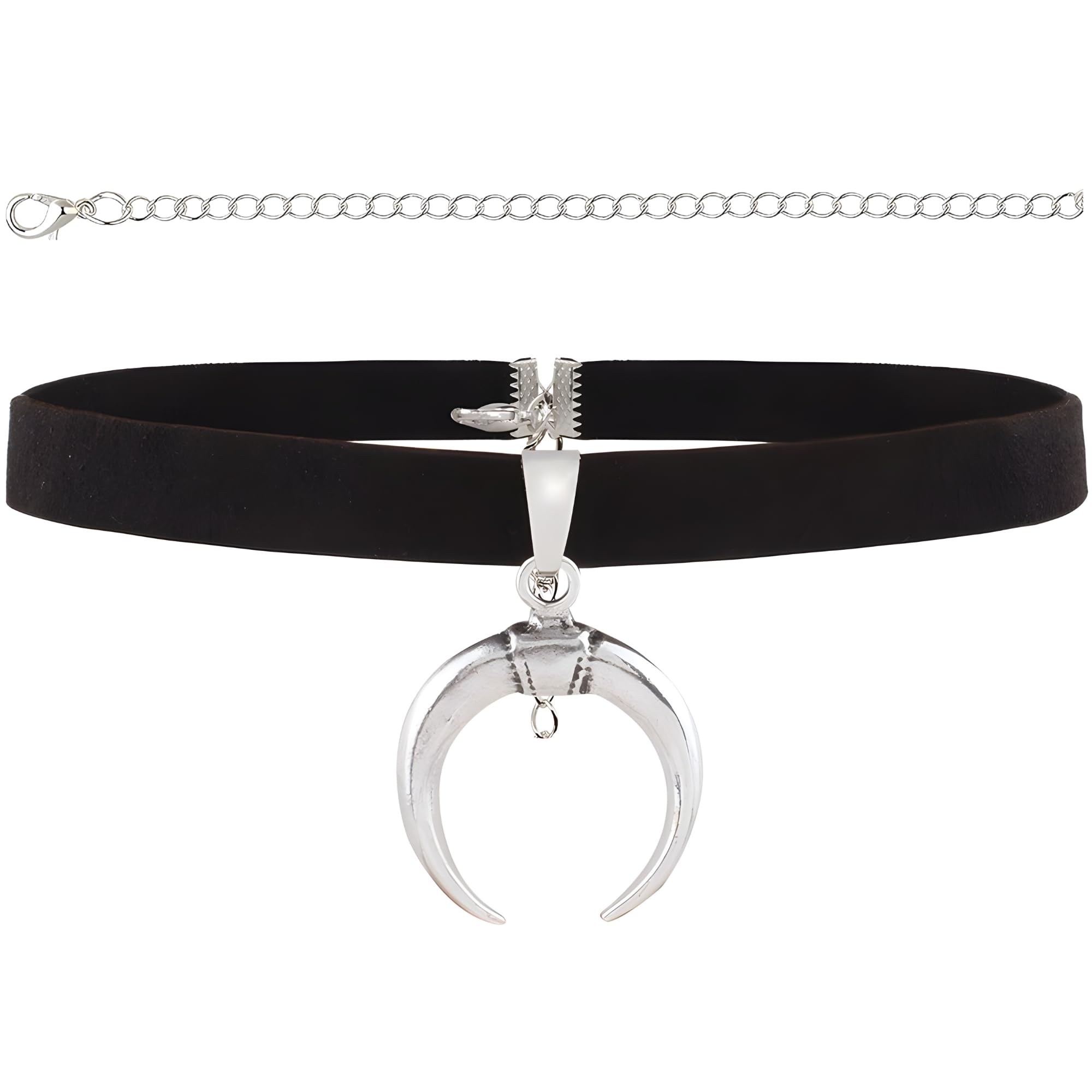 Black Suede Leather Choker Silver Crescent Sailor Moon Pendant For Women And Girls Comfort Fit, Extendable, Hypoallergenic, Stylish For Women Girls Men Kids