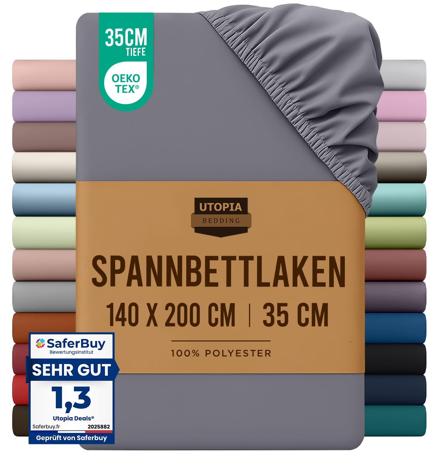Utopia Bedding - Spannbettlaken 140x200cm - Grau - Oeko-Tex Zertifiziertes Gebürstete Polyester-Mikrofaser Spannbetttuch - 35 cm Tiefe Tasche