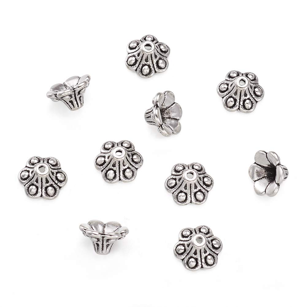 Craftdady 50Pcs Antique Silver 6-Petal Flower Spacer Bead Caps 10mm Tibetan Bali Style Metal Floral Bead End Caps for DIY Jewelry Making