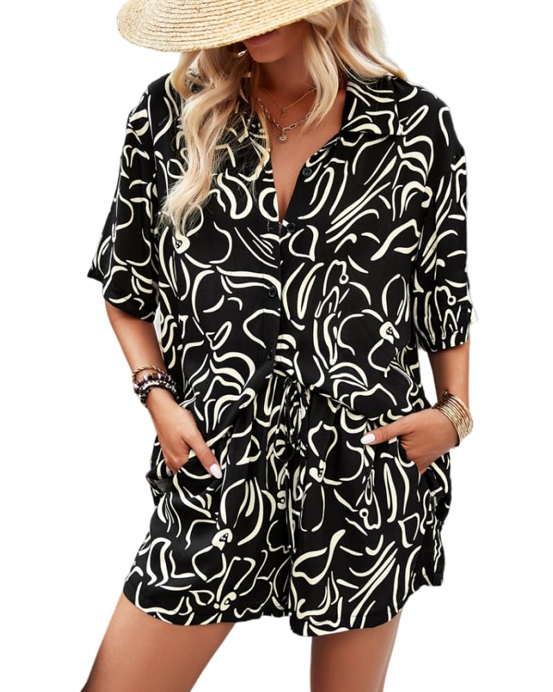 Photo 1 of Shorts Sets Women 2 Piece Outfits Vacation Outfits Beach Shirt and Shorts with Pockets Summer Casual Lounge Tracksuit Sets white L