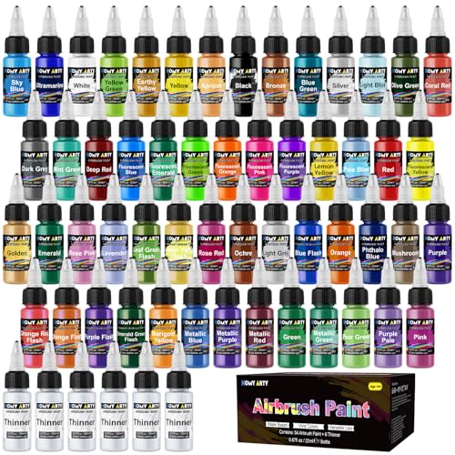 HOMY ARTY Airbrush Paint - 54 Colors And 6 Thinners For Airbrush Paint, Acrylic Air Brush Paints For Metal, Plastic Models - 60 Bottles