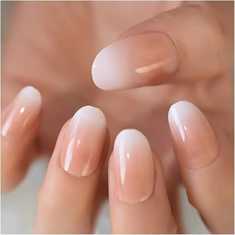 Amazon Co Jp ネイルチップ 偽の爪のホログラフィックプレスグラデーション銀の楕円形のフランスの偽の釘ヌードピンクの手作りフルセット爪 Color L5816 ホーム キッチン