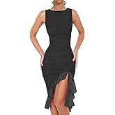 BORIFLORS Women's Sexy Elegant Boat Neck Bodycon Midi Dresses Ruffle Hem Sleeveless Ruched Cocktail Party Tank Dress