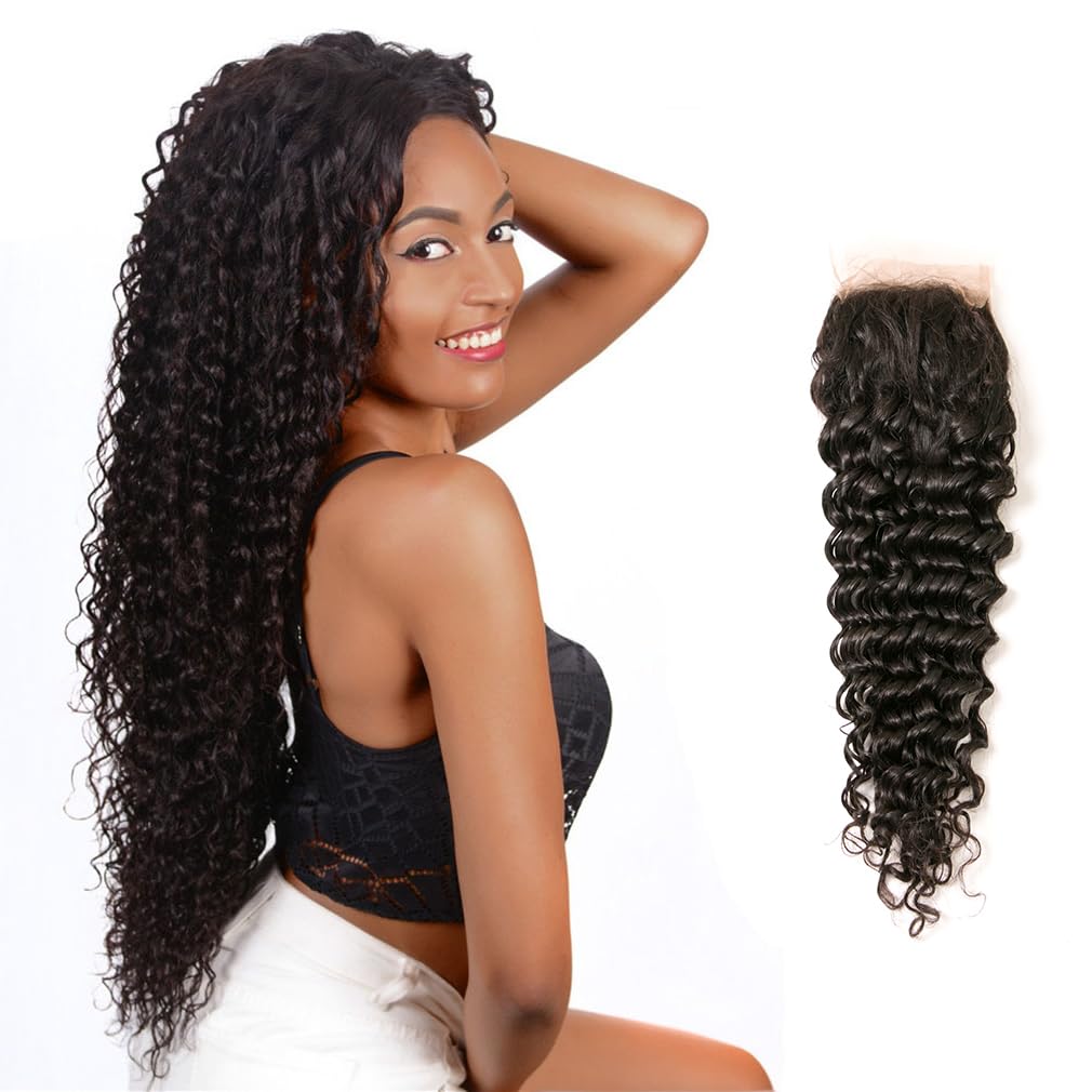 4x4 Deep Wave Lace Closure Human Hair 18 Inch 100% Unprocessed Brazilian Virgin Human Hair with cap Ear to Ear PLace Frontal Pre Plucked with BabyHair