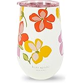 kate spade new york Insulated Stainless Steel Wine Tumbler, 16 Ounce Double Wall Tumbler, Floral Stemless Travel Cup with Lid, Spring Pansies